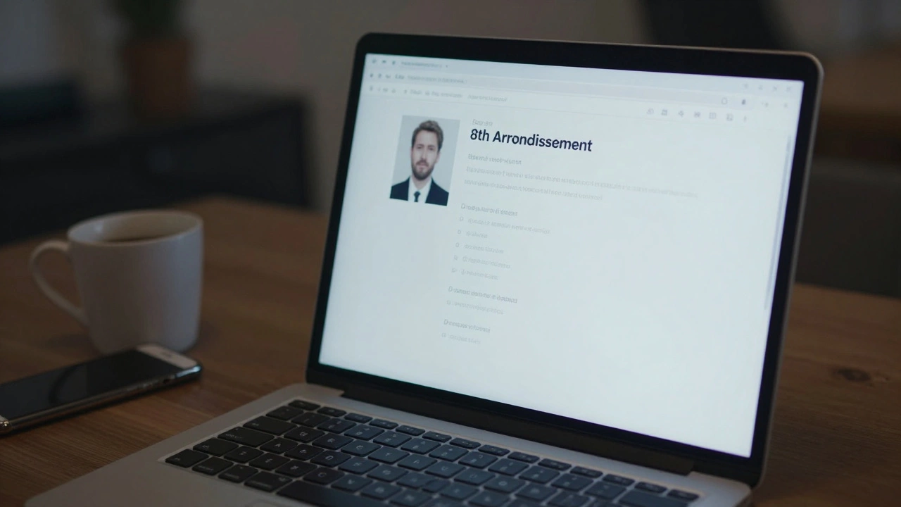 A laptop screen showing a realistic escort profile with clear details and no sensational language, in a quiet apartment setting.