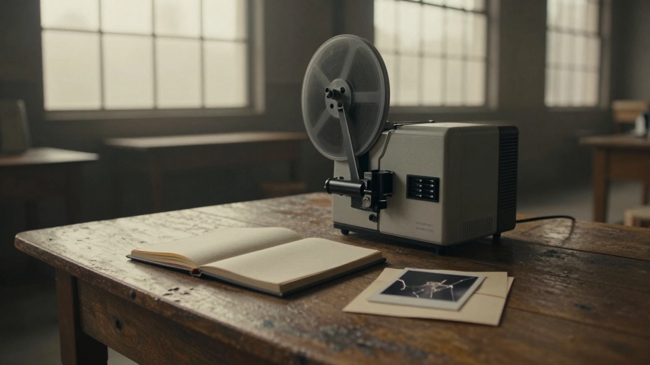 Silent auction table with an open diary and 16mm projector, no people, only personal items on wood.