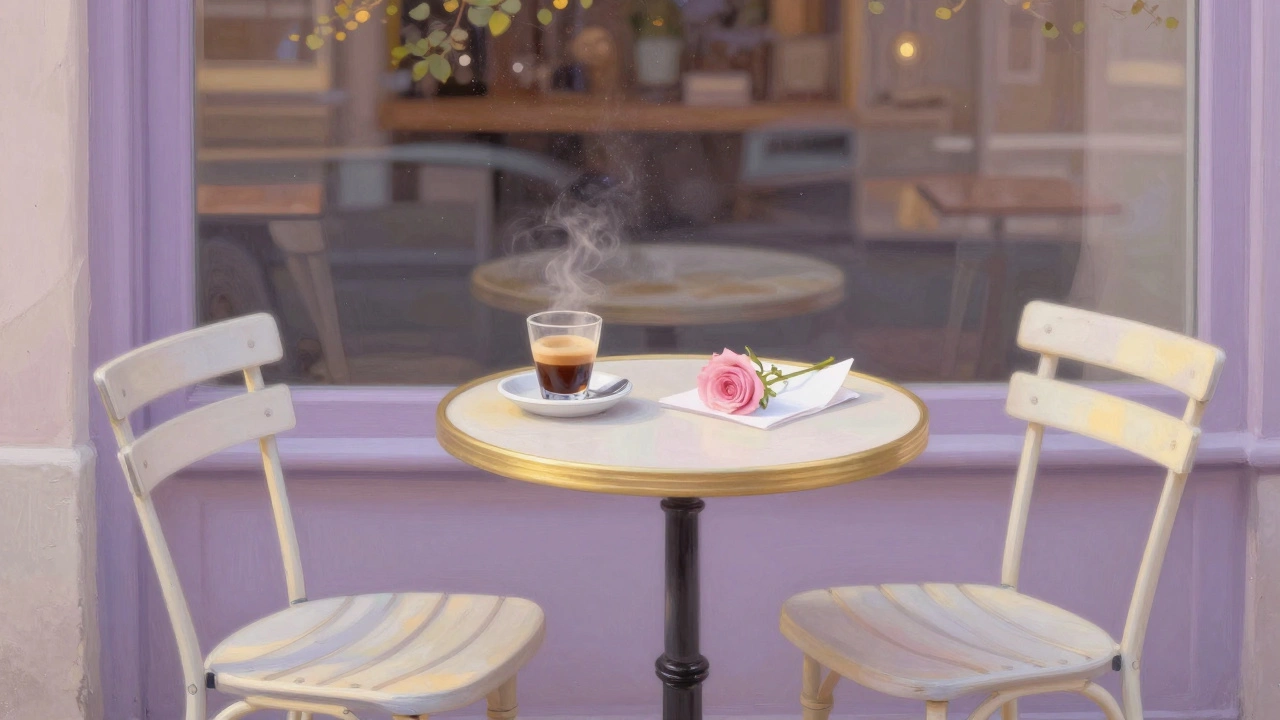 Two empty chairs at a Paris café with a rose and coffee cup, symbolizing an unfulfilled connection under soft sunlight.