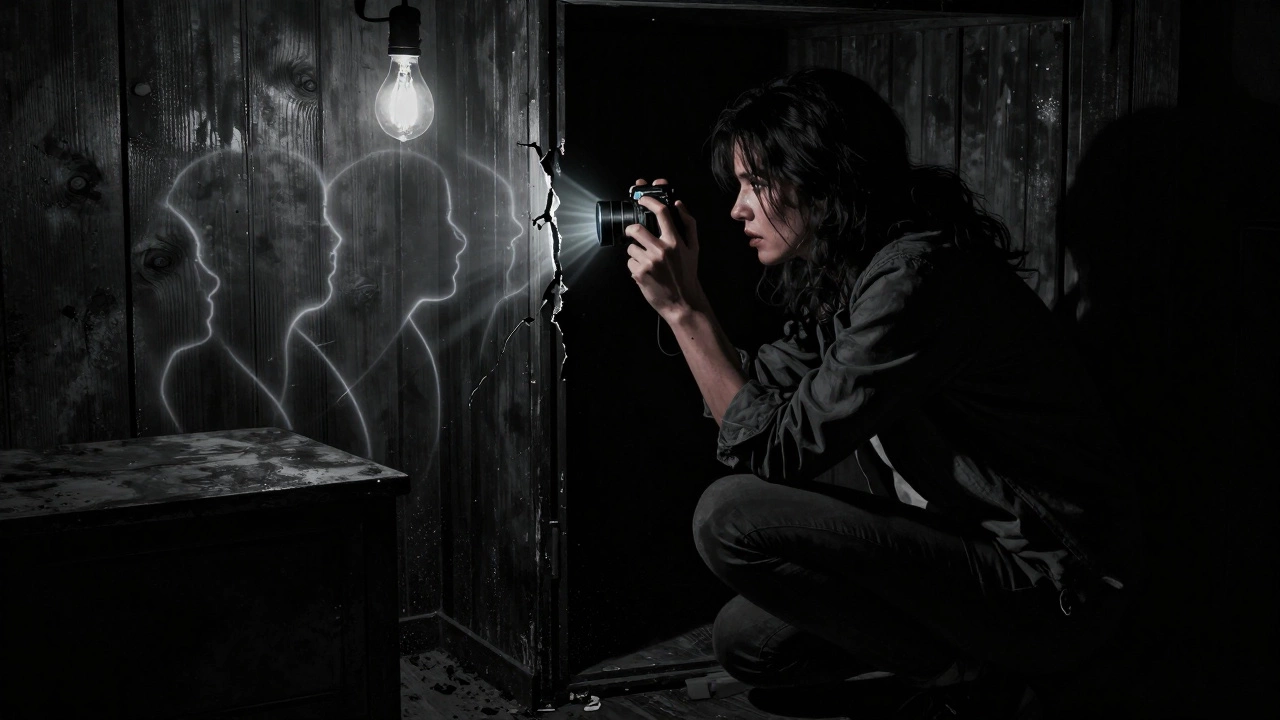 Woman recording from inside a dark closet, faint voices glowing around her, no faces shown.
